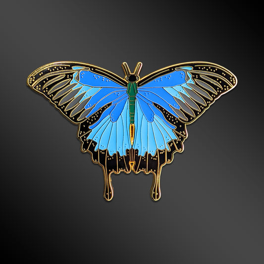 Blue Emperor Butterfly enamel pin with exotic insect design
