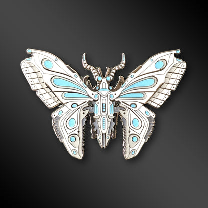 Blue Robot Butterfly enamel pin with mechanical wings and glow-in-the-dark details