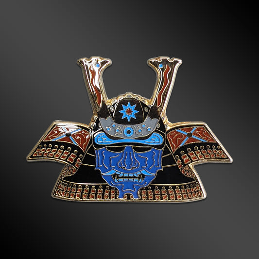 Dark Water Kabuto enamel pin with samurai helmet design
