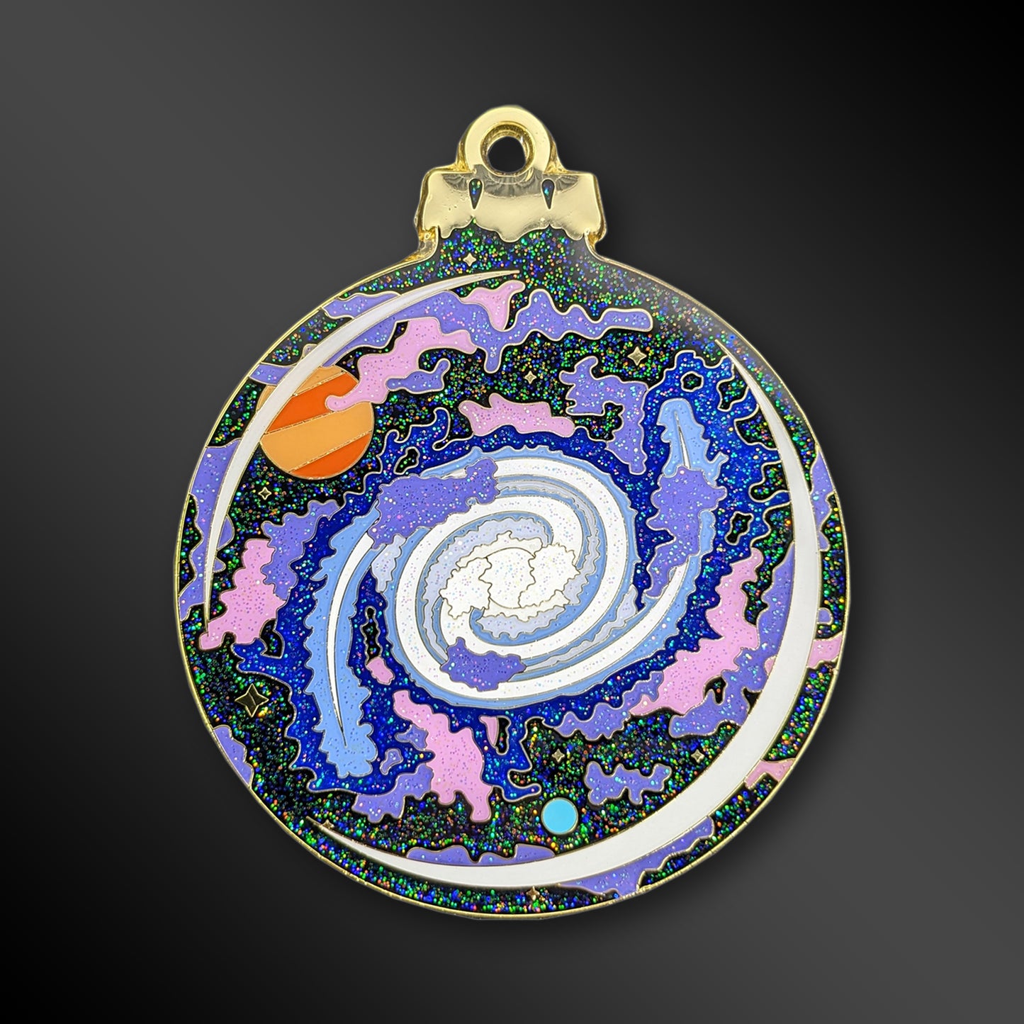 Galaxy Ornament enamel pin with space-themed design and multiple glitter types