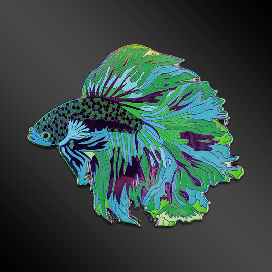 Green Wave Betta Fish enamel pin with rainbow anodized details
