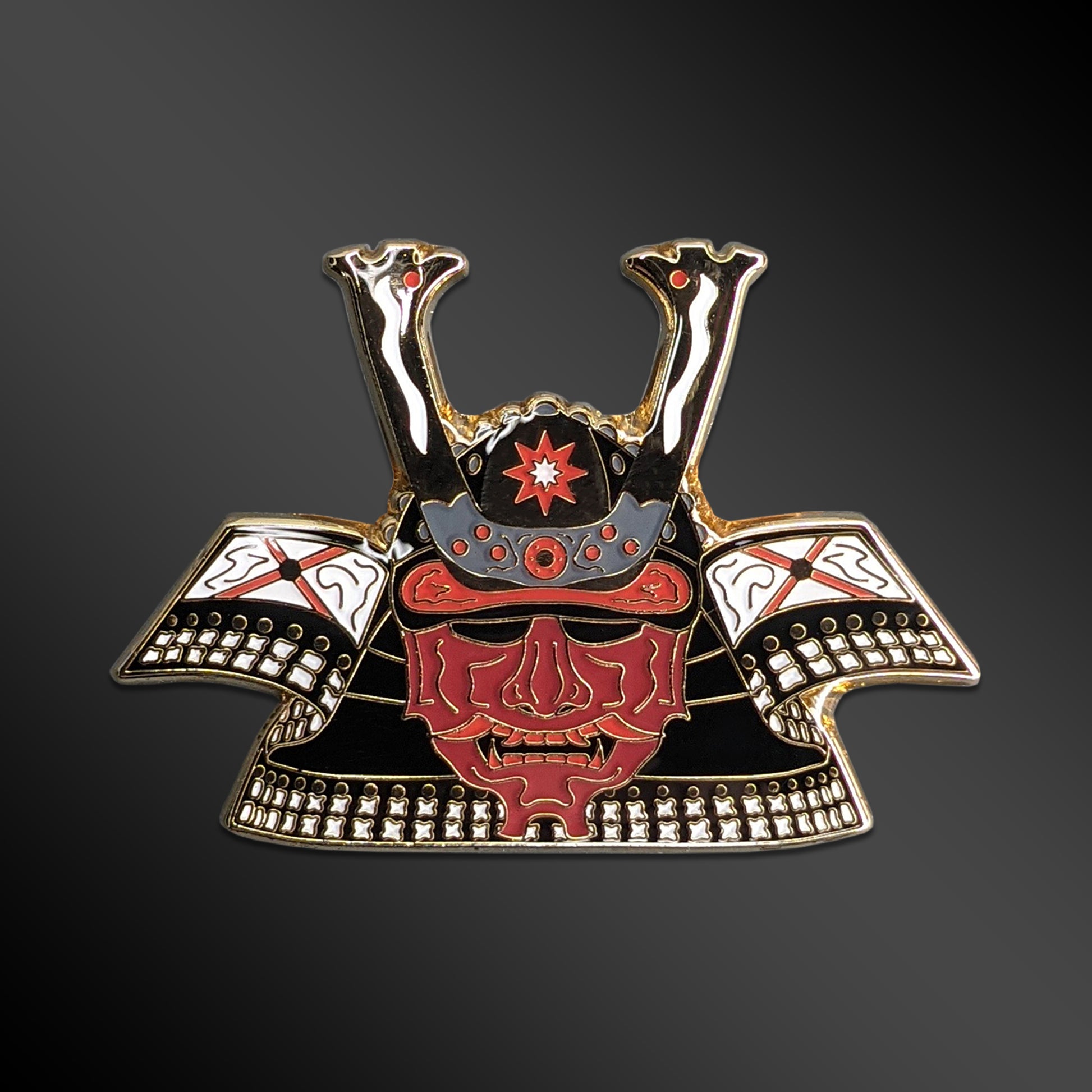 Hell Kabuto enamel pin with samurai helmet design
