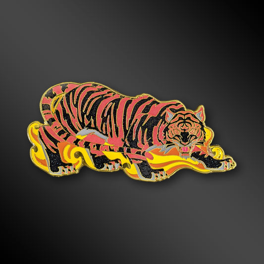 Hellfire Baihu enamel pin with white tiger design and UV reactive details
