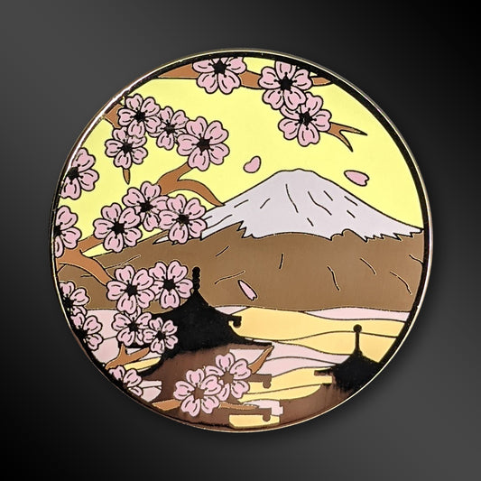 Mt. Fuji Day enamel pin with Japanese landscape design
