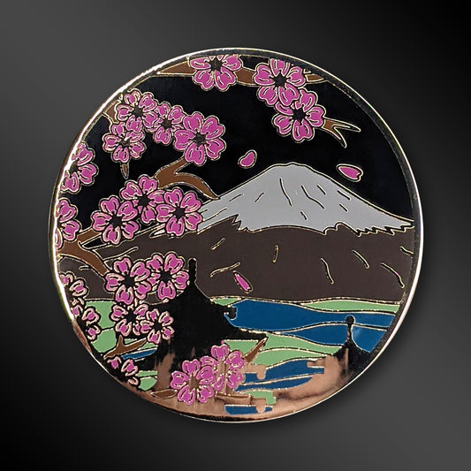 Mt. Fuji Night enamel pin with Japanese landscape design
