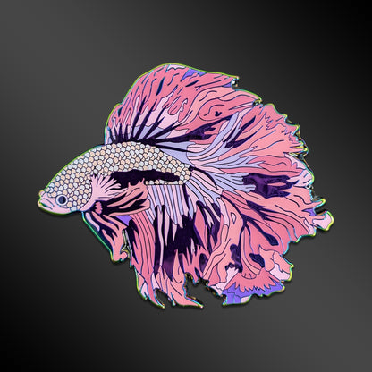 Pink Cloud Betta Fish enamel pin with rainbow anodized details
