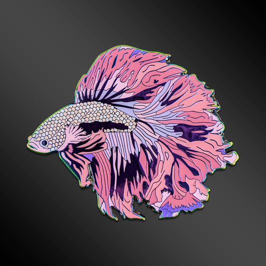 Pink Cloud Betta Fish enamel pin with rainbow anodized details
