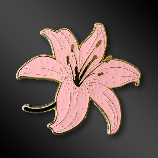 Pink Lily enamel pin with botanical design
