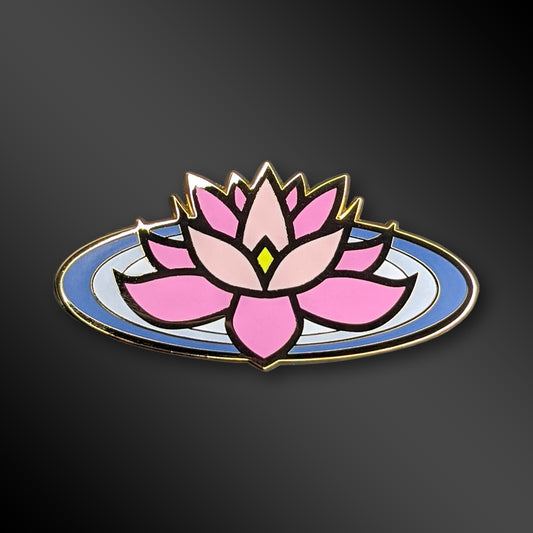 Pink Lotus enamel pin with Buddhist symbol design
