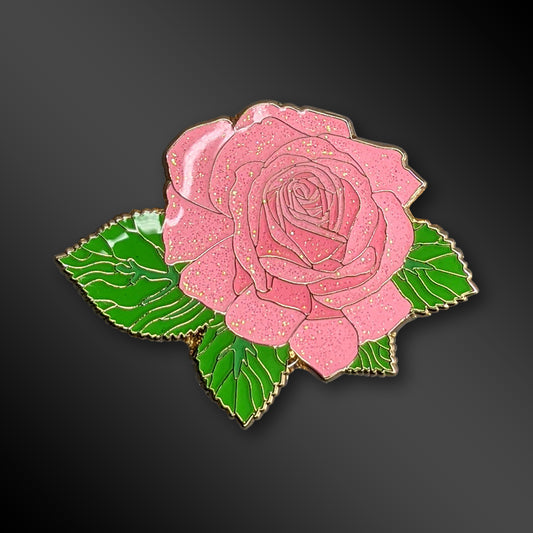 Pink Rose Blossom enamel pin with glitter details
