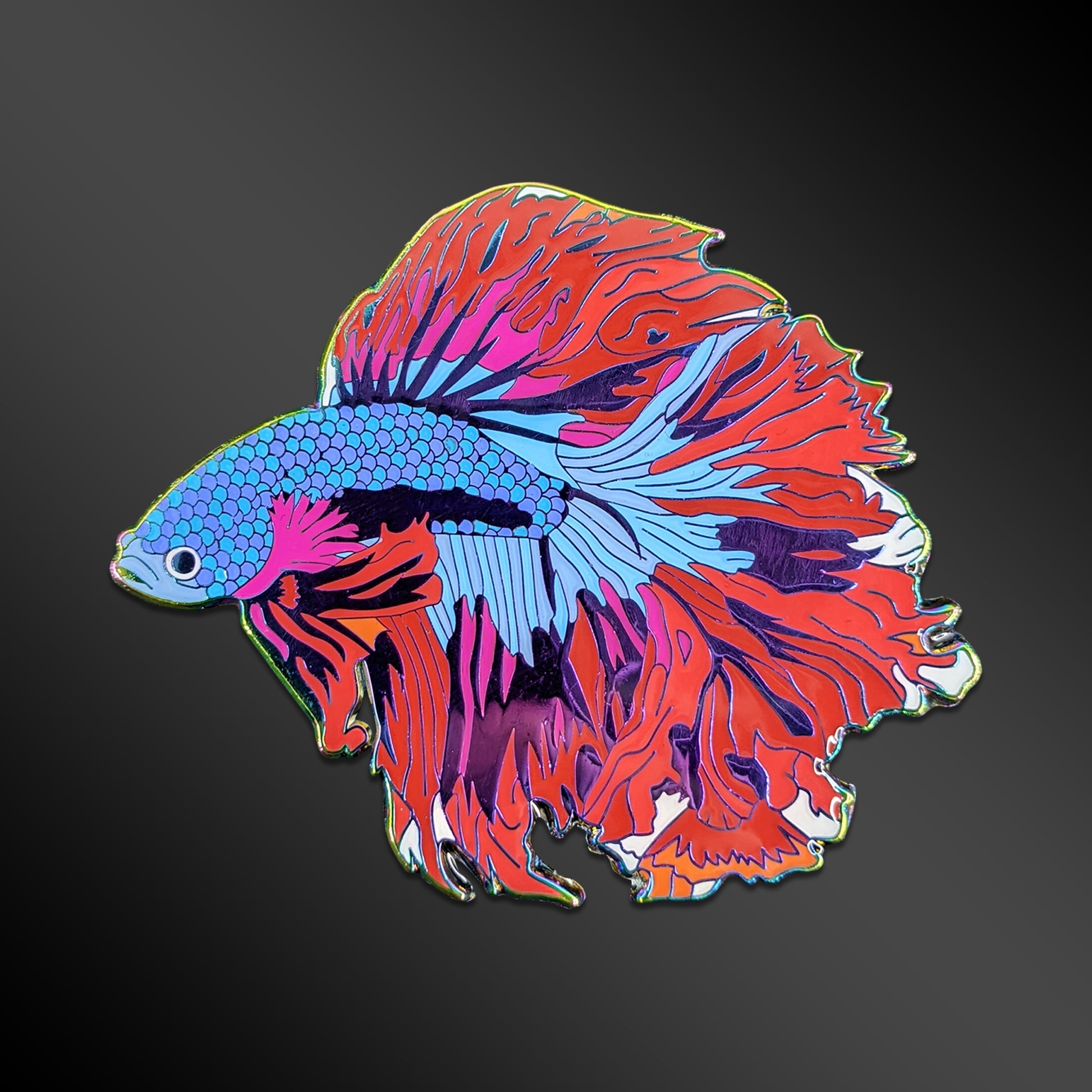 Red Moon Betta Fish enamel pin with rainbow anodized details
