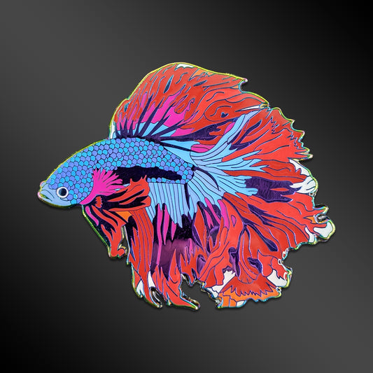 Red Moon Betta Fish enamel pin with rainbow anodized details
