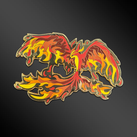 Red Phoenix enamel pin with fantasy bird design and glow-in-the-dark details
