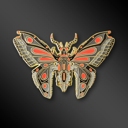 Red Robot Butterfly enamel pin with mechanical wings and glow-in-the-dark details