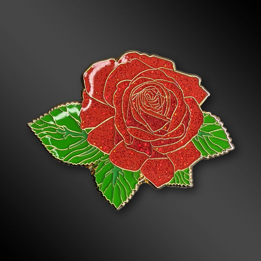 Red Rose Blossom enamel pin with glitter details
