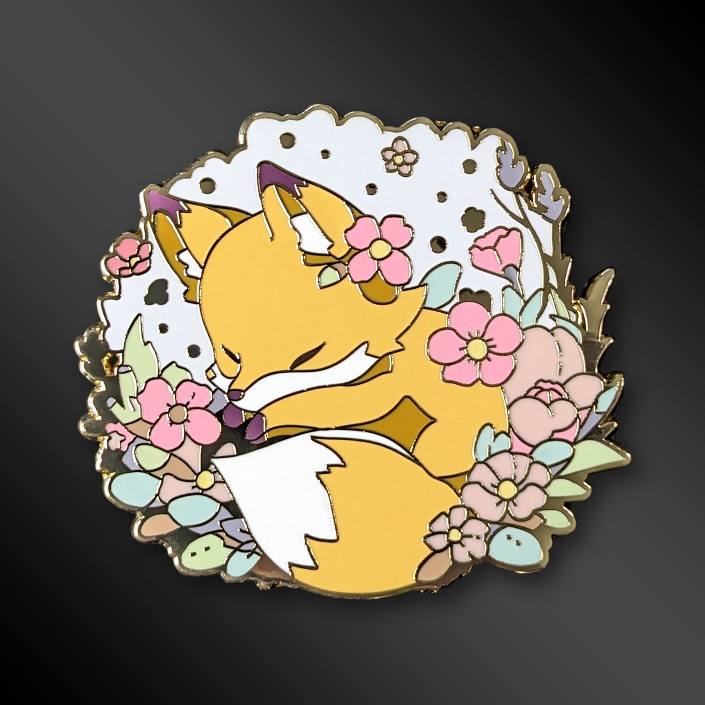 Sleeping fox enamel pin with kawaii design
