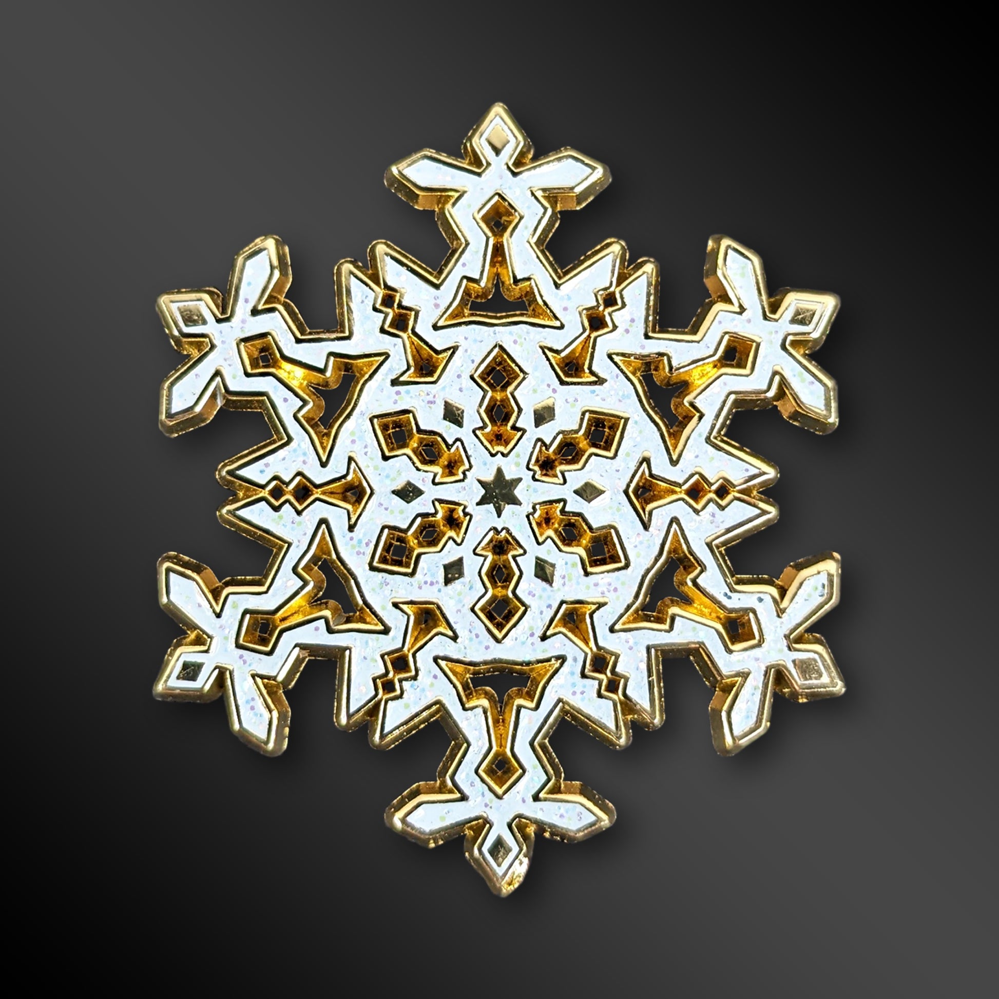 Snowflake enamel pin with iridescent glitter details