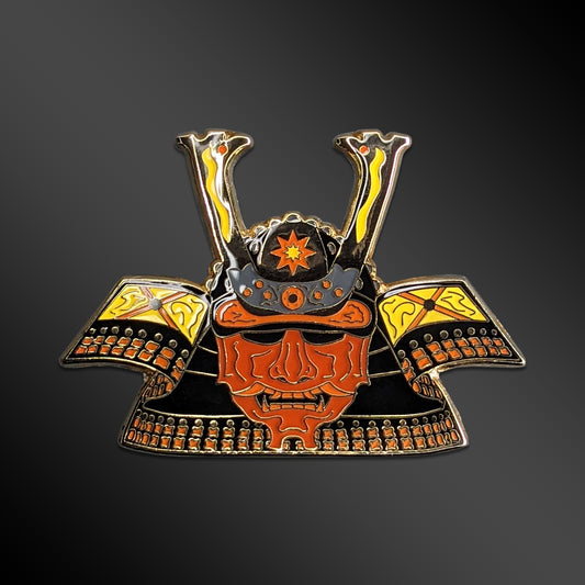 Sunset Kabuto enamel pin with samurai helmet design
