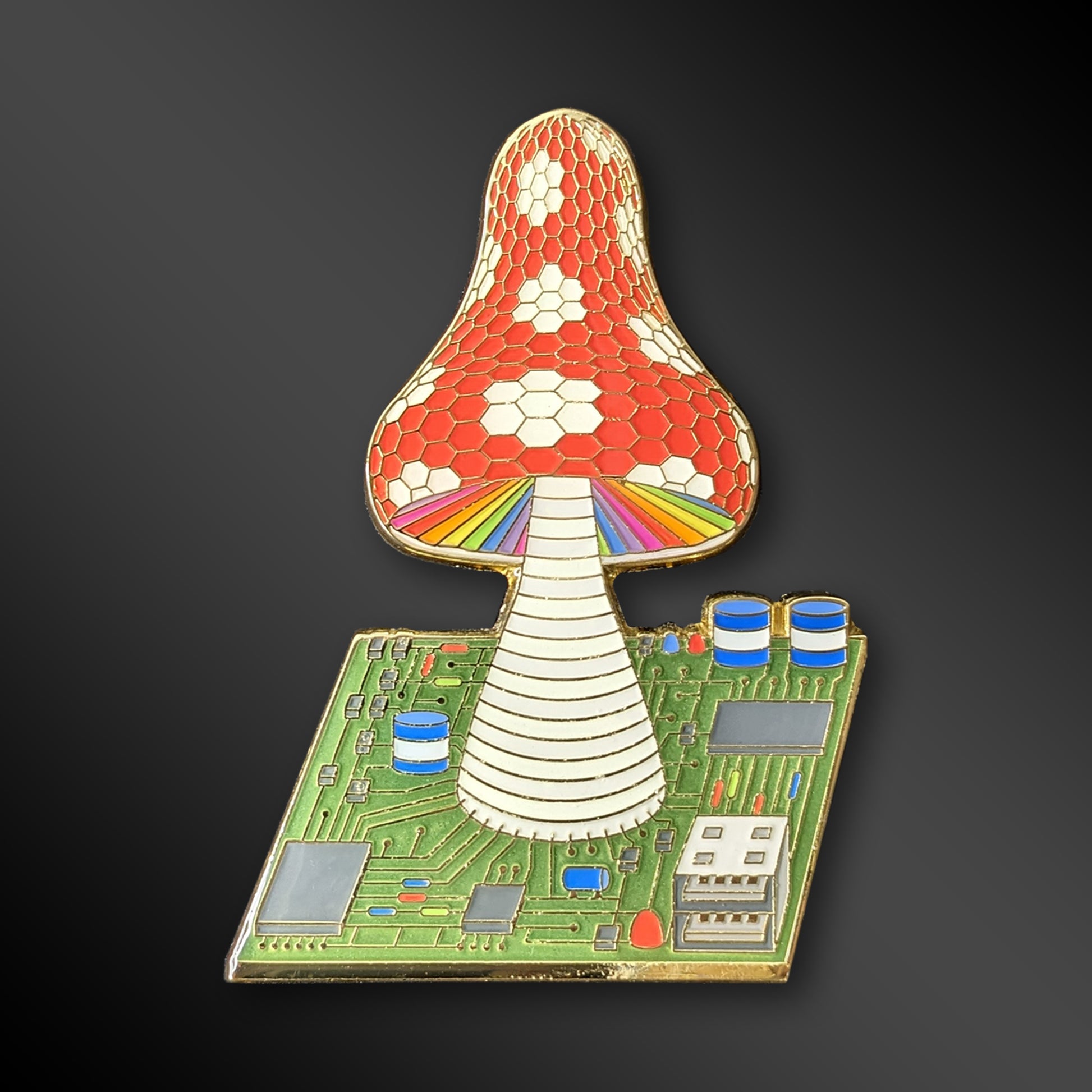 USB Toadstool enamel pin with tech-nature fusion design and glow-in-the-dark details