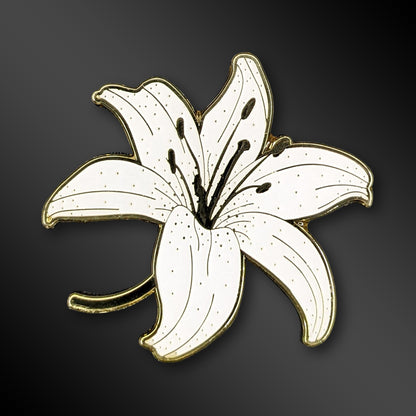 White Lily enamel pin with botanical design
