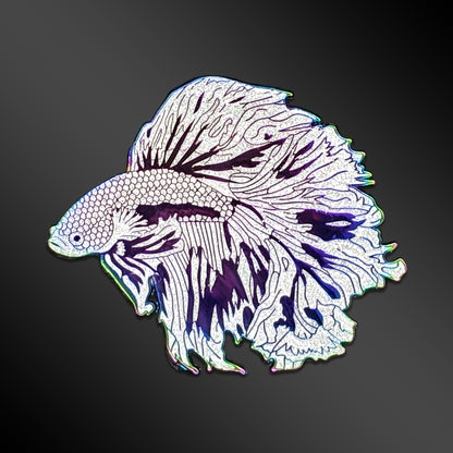 White Pearl Betta Fish enamel pin with rainbow anodized details
