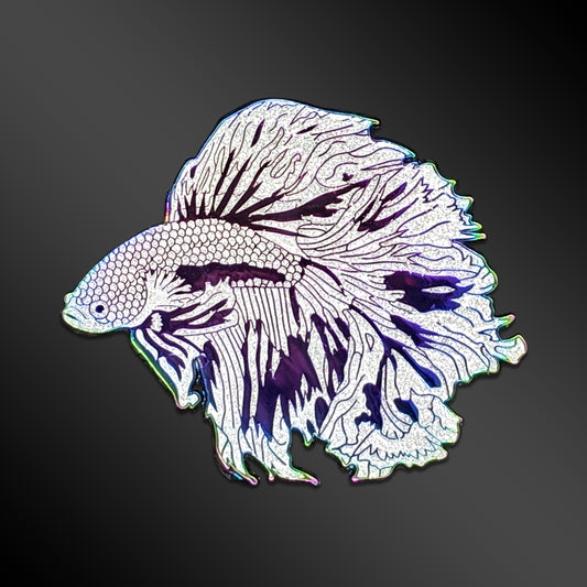 White Pearl Betta Fish enamel pin with rainbow anodized details
