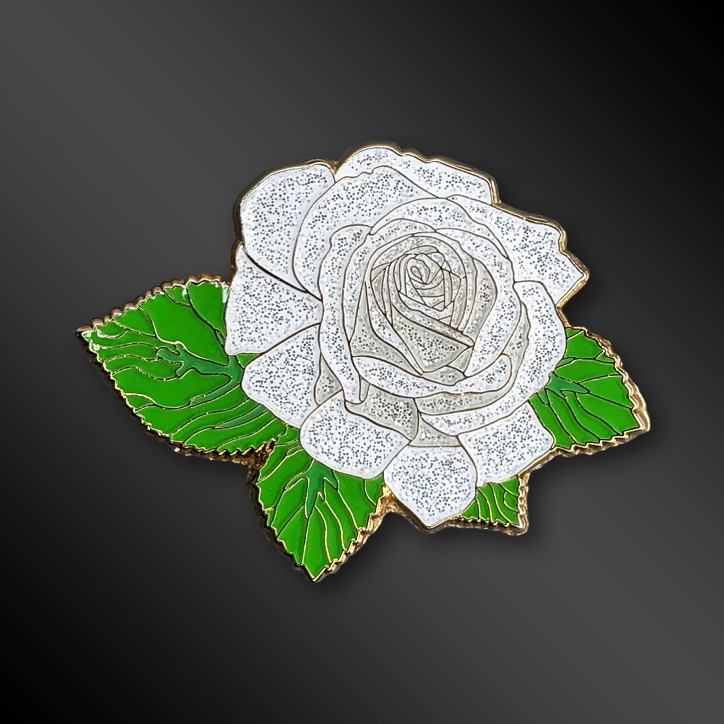 White Rose Blossom enamel pin with glitter details
